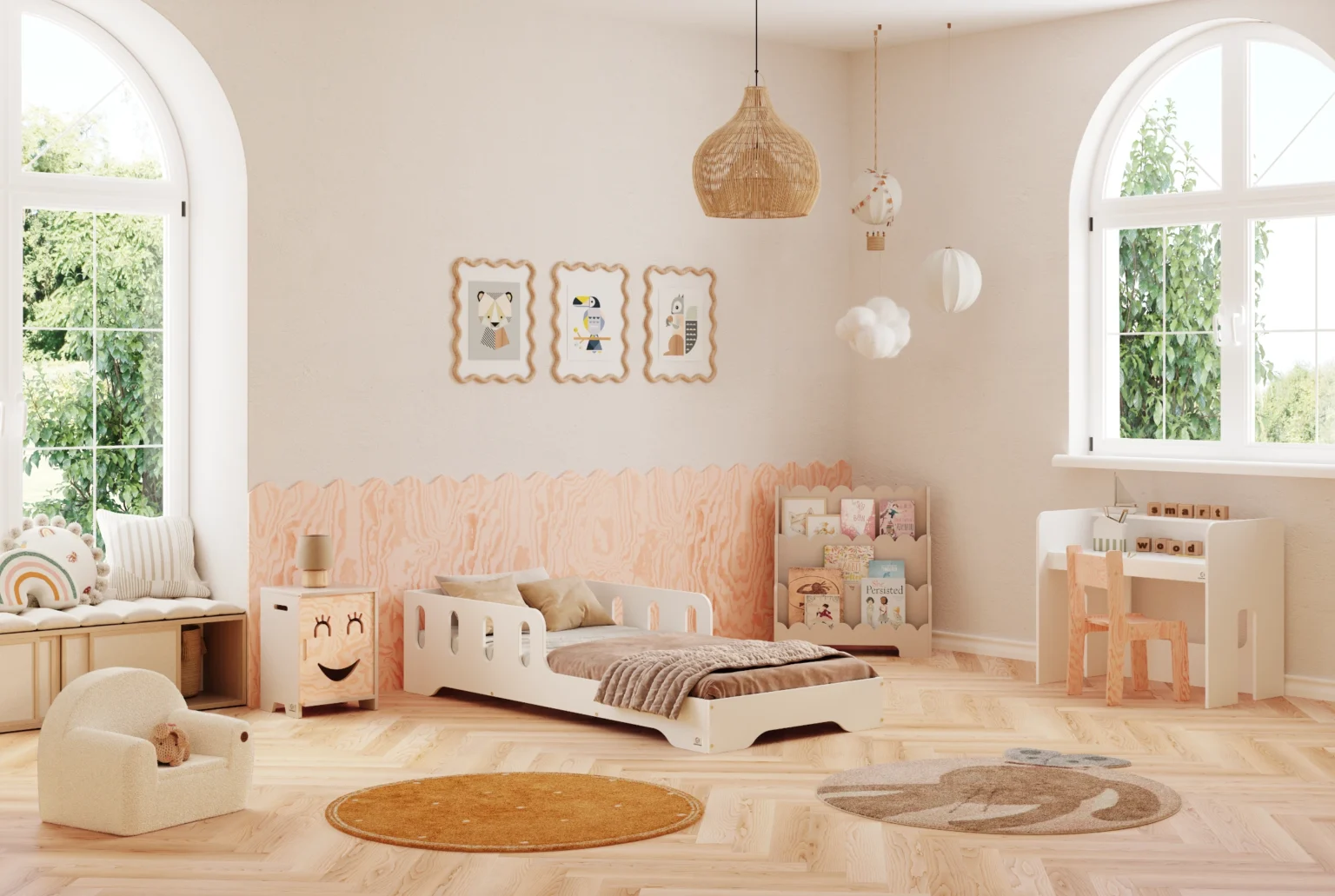Letto per bambini Tila 6 bianco con sponde traforate in cameretta luminosa con scrivania