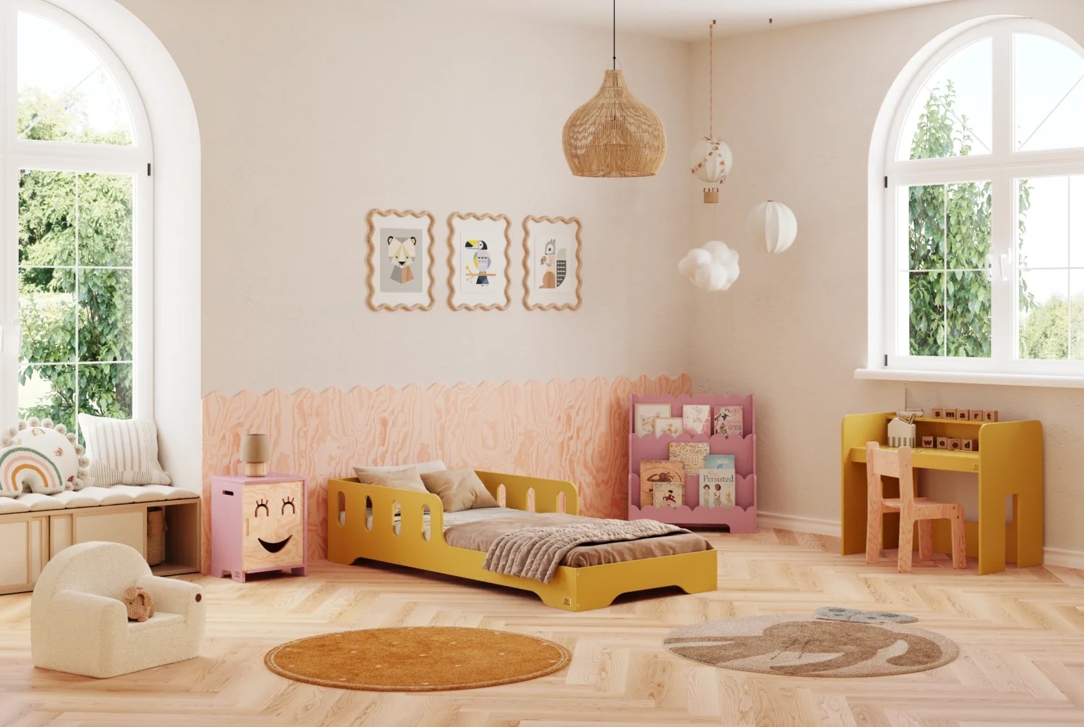 Letto per bambini Tila 6 color senape con sponde traforate in cameretta con libreria e scrivania