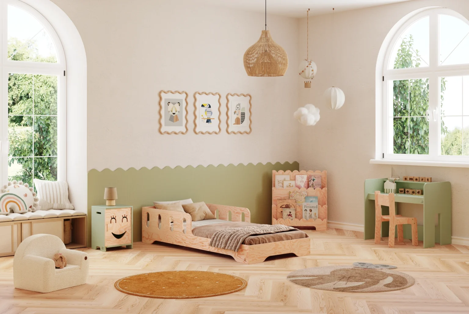 Letto singolo per bambini in legno con barriera di sicurezza e rete TILA 6 Montessori
