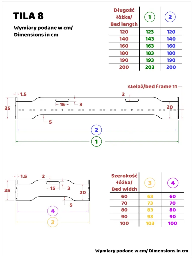 Disegno tecnico del letto TILA 8