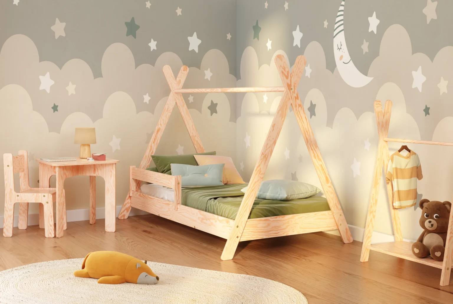 Letto a casetta in legno per bambini con barriera di sicurezza e rete TIPI Montessori