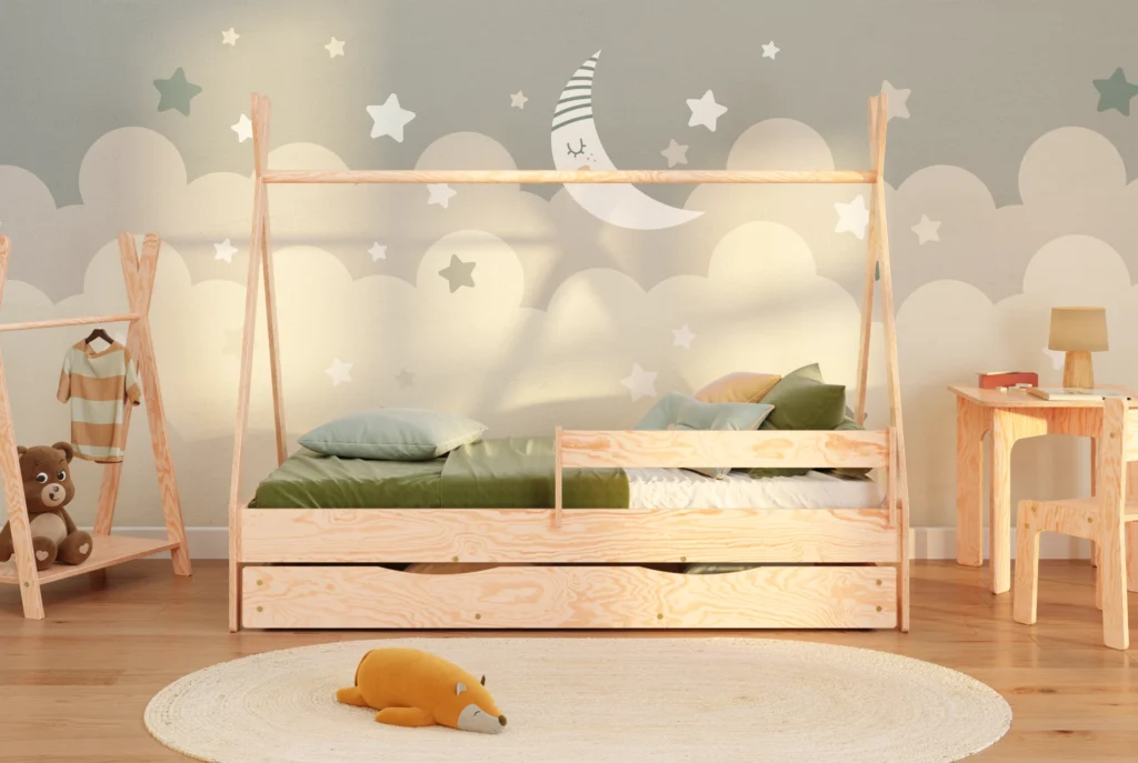 Lit cabane en bois pour enfant avec tiroir, barrière de sécurité et sommier TIPI DRAWER Montessori