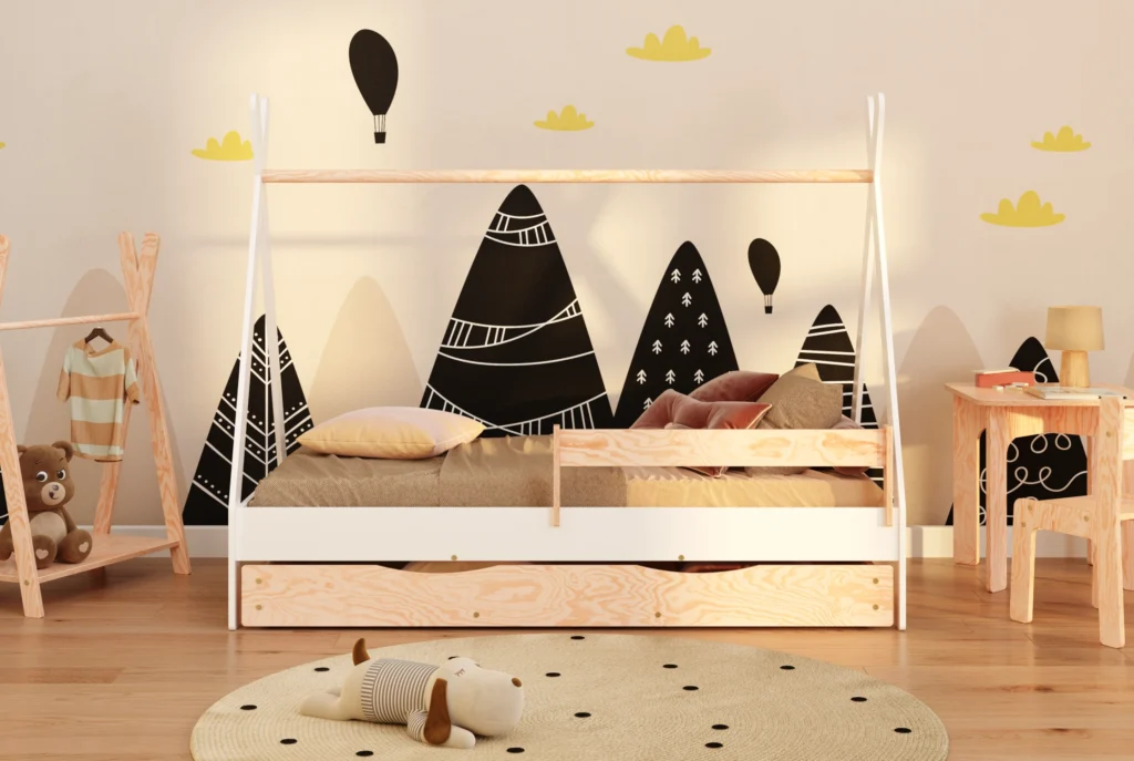 Lit enfant en bois style tipi en contreplaqué de pin couleur blanche avec barrière latérale et tiroir coulissant