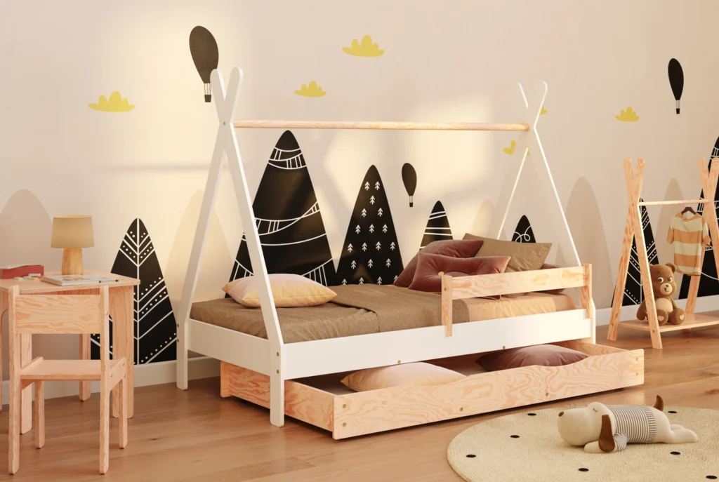 Lit enfant en bois style tipi en contreplaqué de pin couleur blanche avec barrière latérale et tiroir coulissant