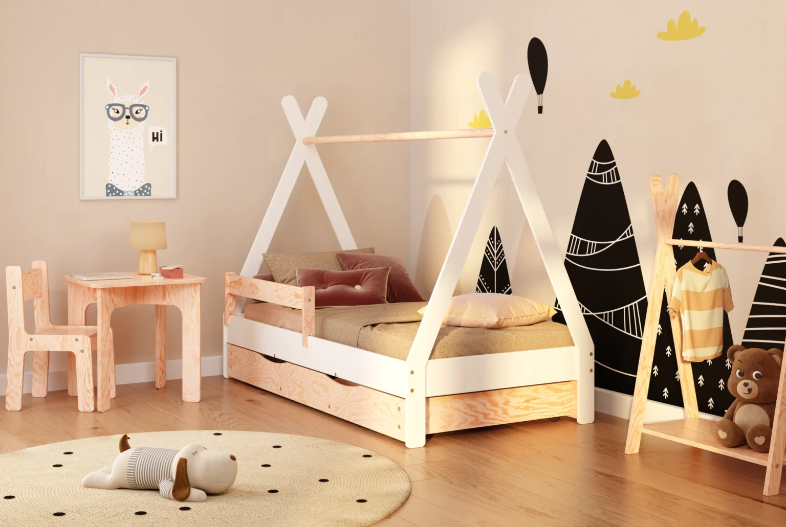 Letto a casetta in legno per bambini con cassetto, barriera di sicurezza e rete TIPI DRAWER Montessori