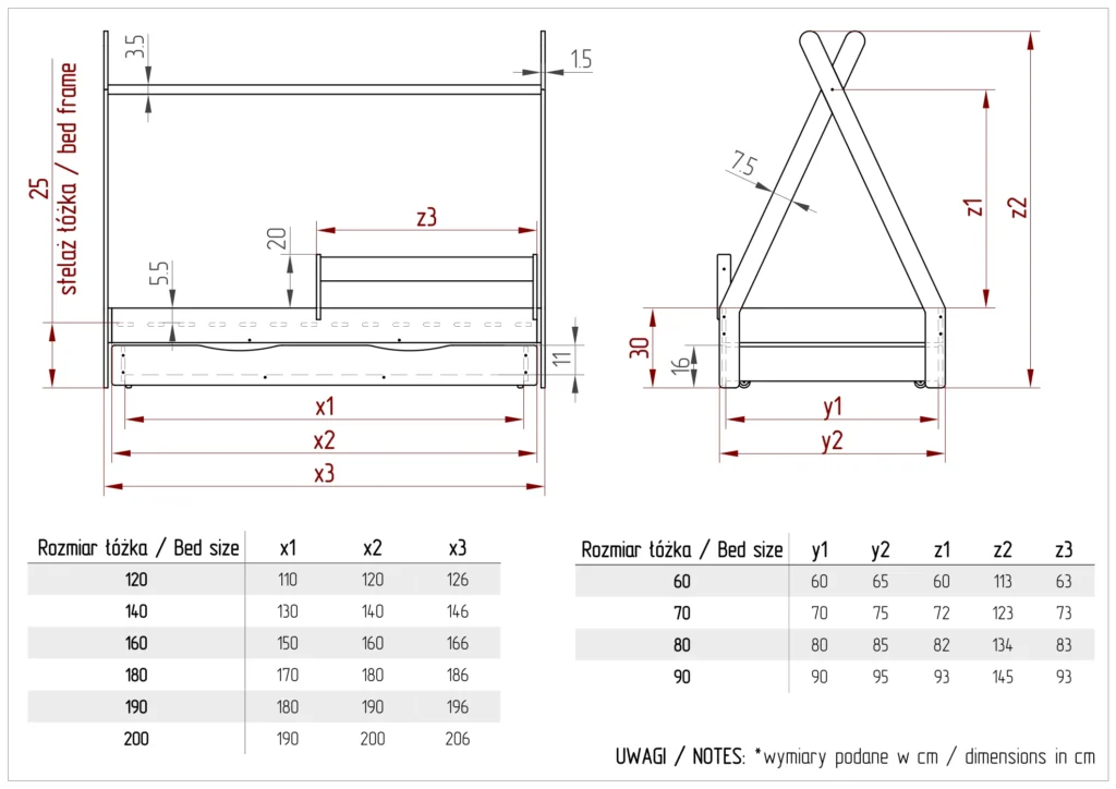 Disegno tecnico di un letto a capanna TIPI D con cassetto