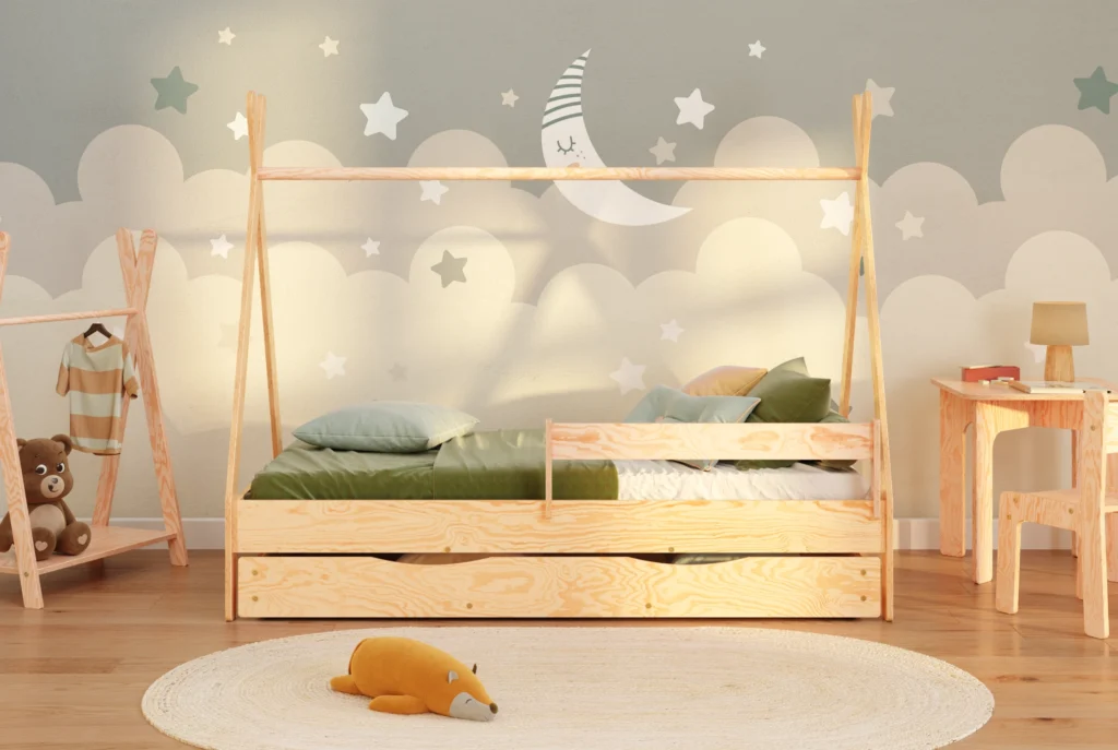 Lit enfant en bois style tipi en contreplaqué de pin couleur bois verni avec barrière latérale et tiroir coulissant