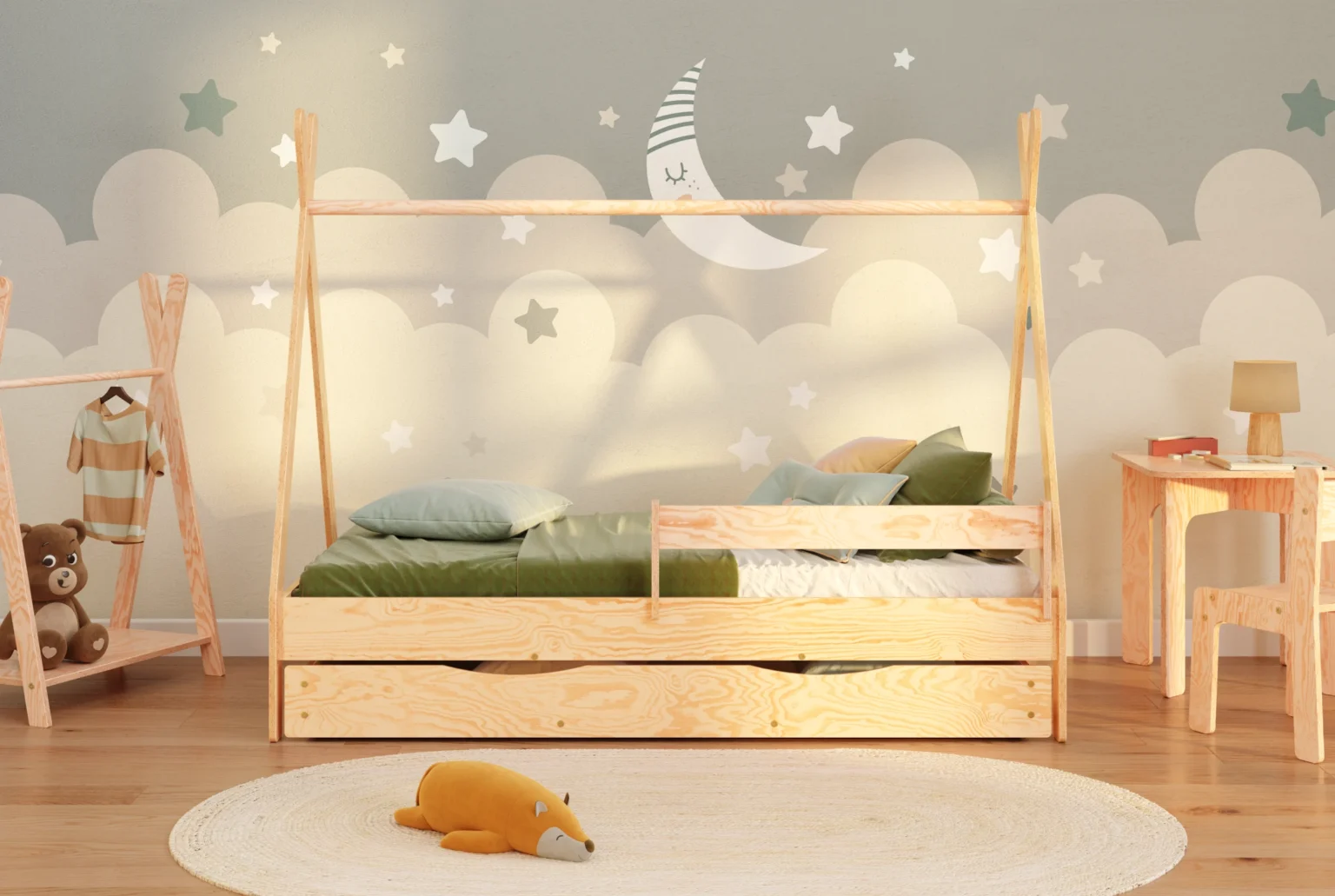 Letto per bambini Tipi D in compensato di pino naturale con cassetto e sponda in cameretta