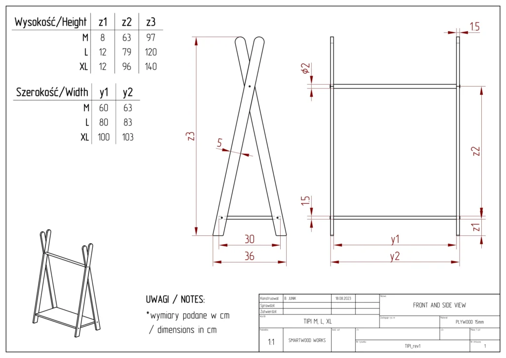 Disegno tecnico dell'appendiabiti TIPI con ripiano per scarpe