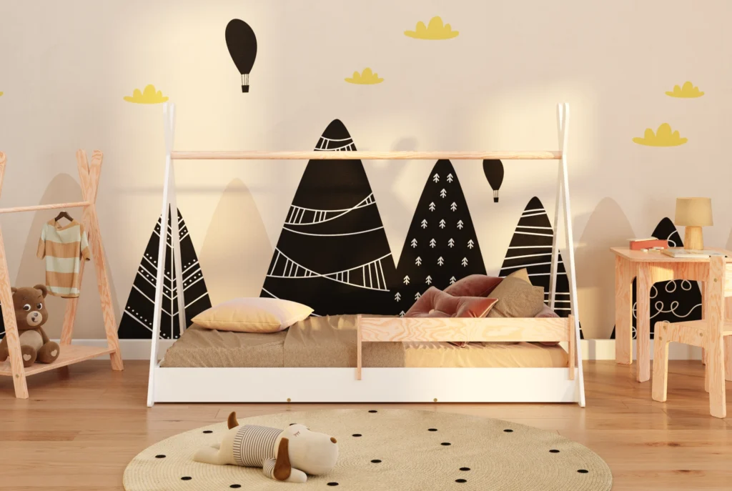 Lit enfant en bois de style tipi en contreplaqué de pin couleur blanc avec barrière latérale