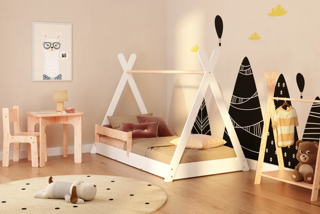 Lit enfant en bois de style tipi en contreplaqué de pin couleur blanc avec barrière latérale