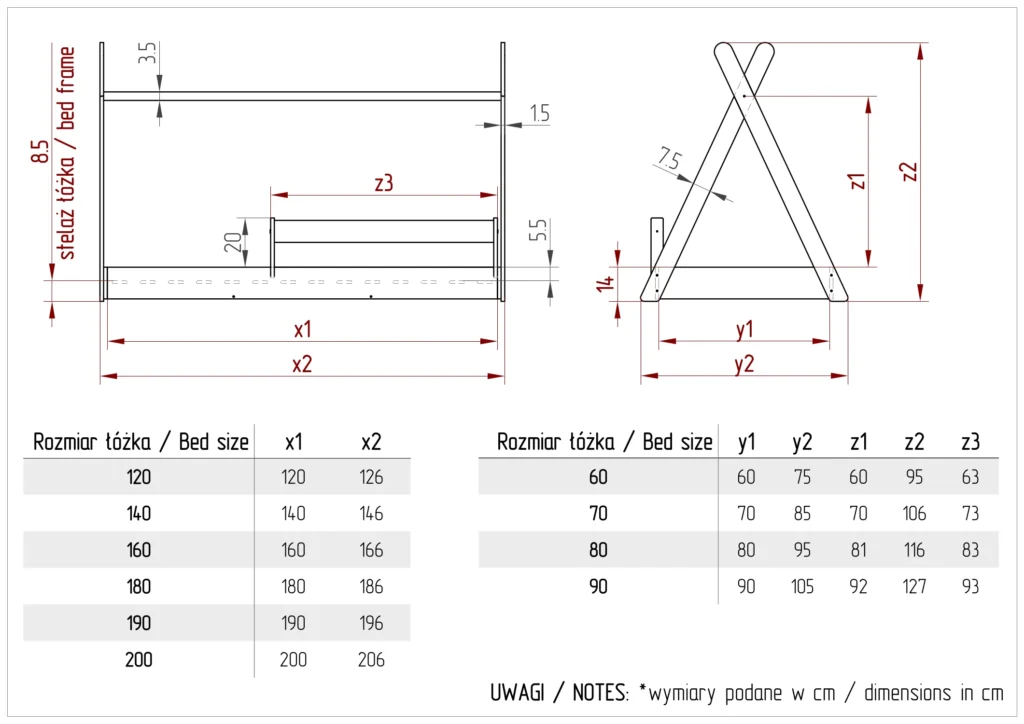 Disegno tecnico di un letto a terra TIPI F