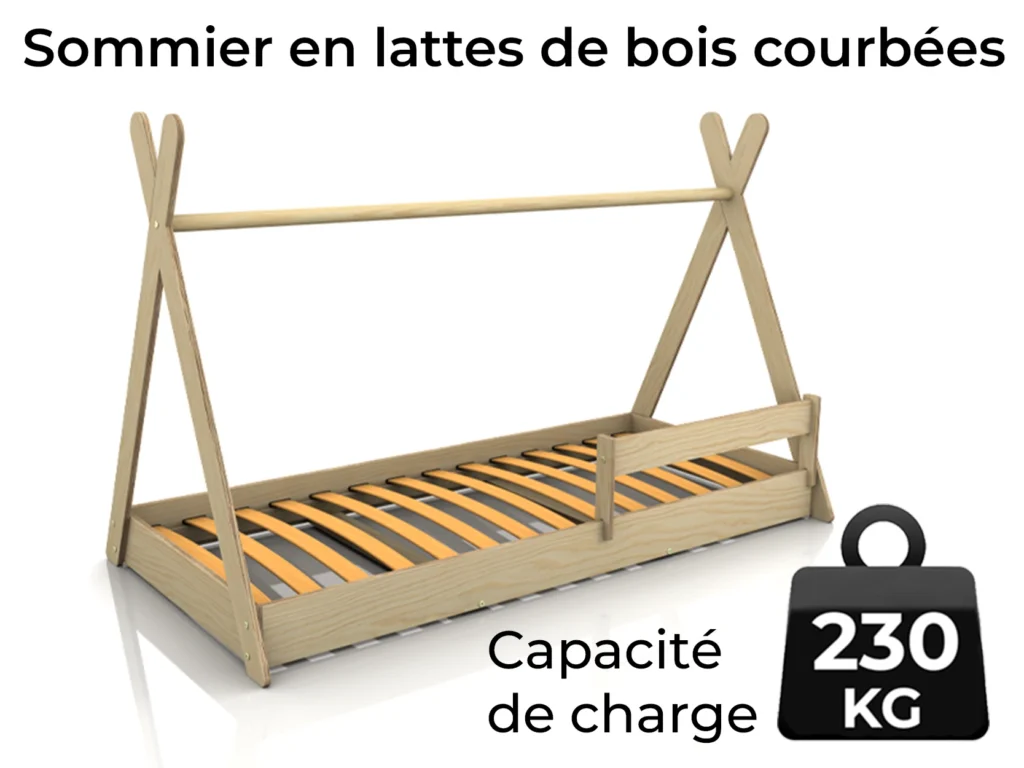 Letto per bambini in legno in stile tepee con rete a doghe curve, sponda laterale e capacità di carico fino a 230 kg