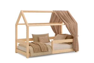 Letto per bambini in legno a forma di casetta, realizzato in pino con finitura in colore naturale e dotato di sponde laterali