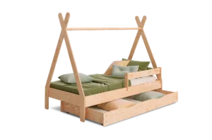 Letto per bambini in legno in stile tepee con rete a doghe curve, sponda laterale e capacità di carico fino a 230 kg