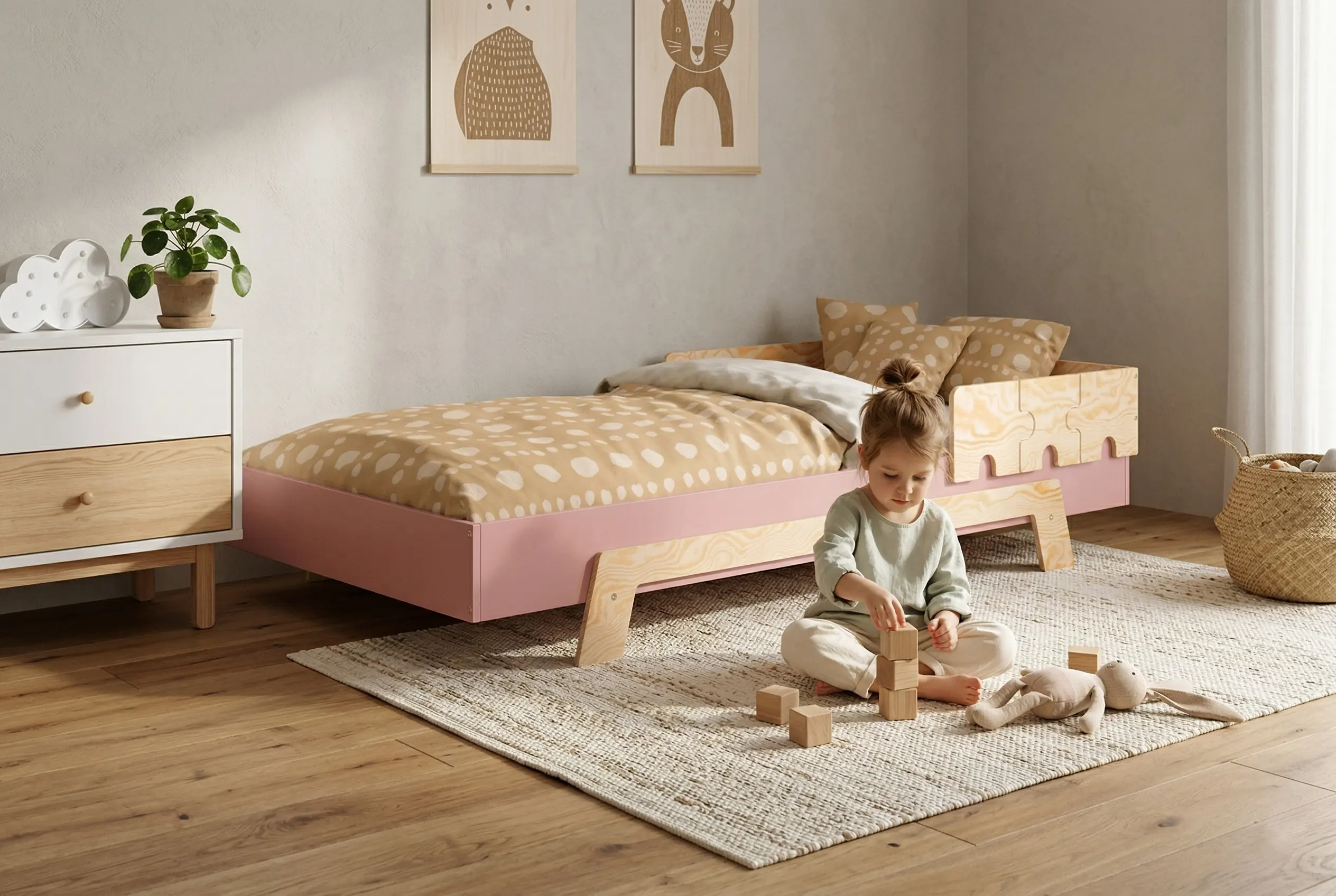 Letto singolo per bambini in legno con barriera di sicurezza e rete PUZZLE BR1 Montessori