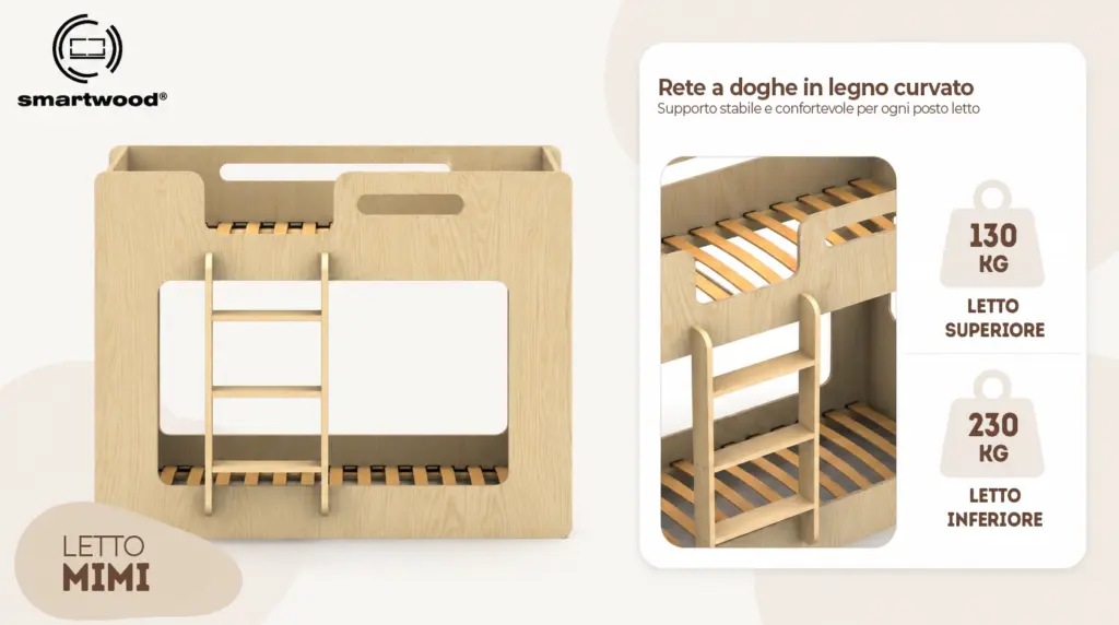 Letto Mimi Smartwood con rete a doghe in legno curvato - letto superiore fino a 130 kg e inferiore fino a 230 kg.