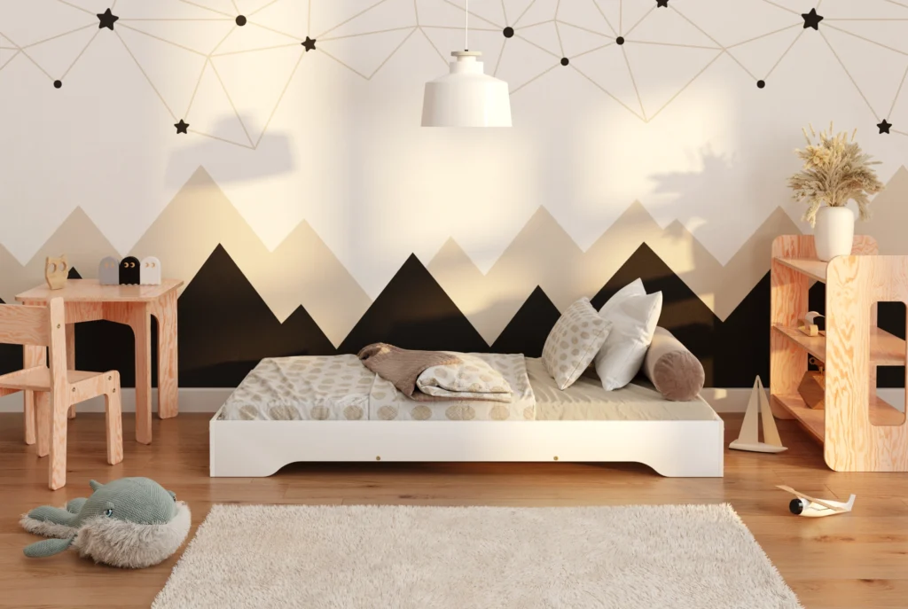 Lit enfant en bois sans barrières fabriqué en contreplaqué de pin couleur blanc