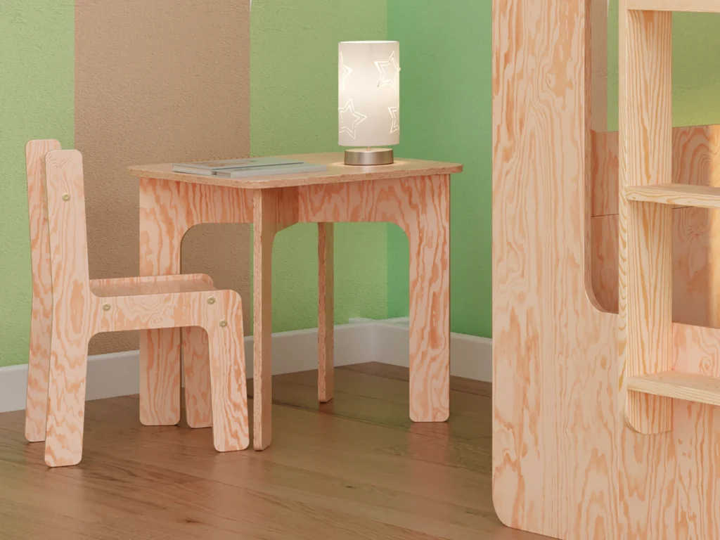 Ensemble pour enfants en bois composé d’une table et d’une chaise fabriqués en contreplaqué de pin