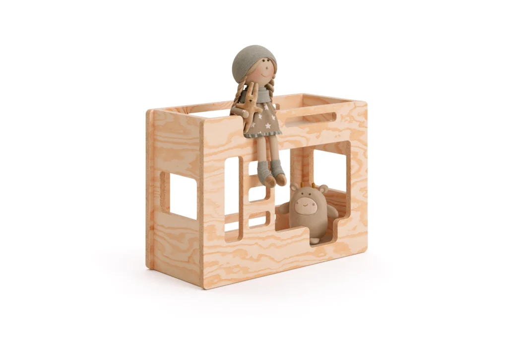 Lit superposé en bois pour poupées fabriqué en contreplaqué de pin en couleur bois naturel