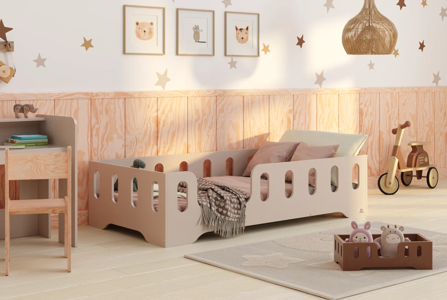 Letto singolo in legno per bambini con barriera di sicurezza e rete TILA 2 Montessori