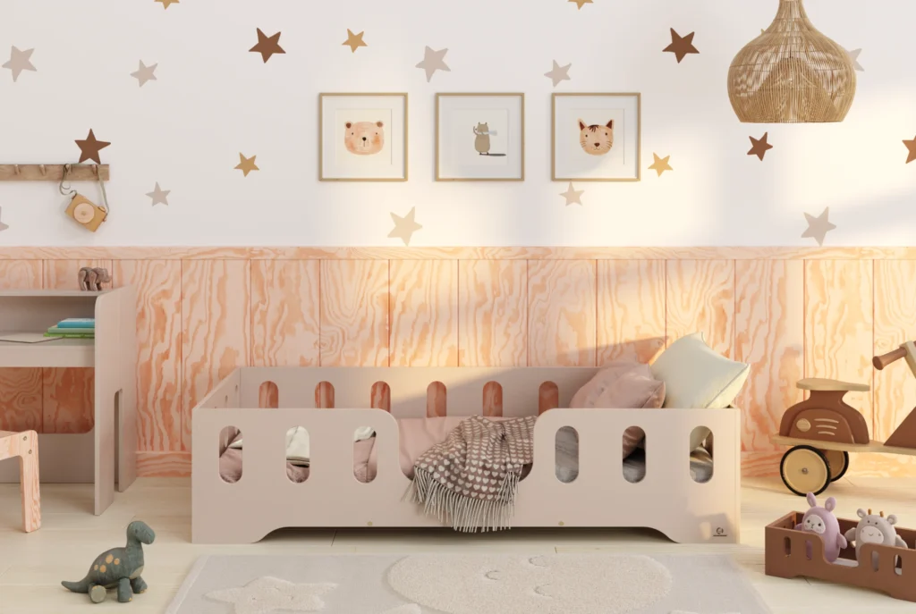 Lit en bois fabriqué en contreplaqué de pin de couleur cachemire avec une entrée centrale