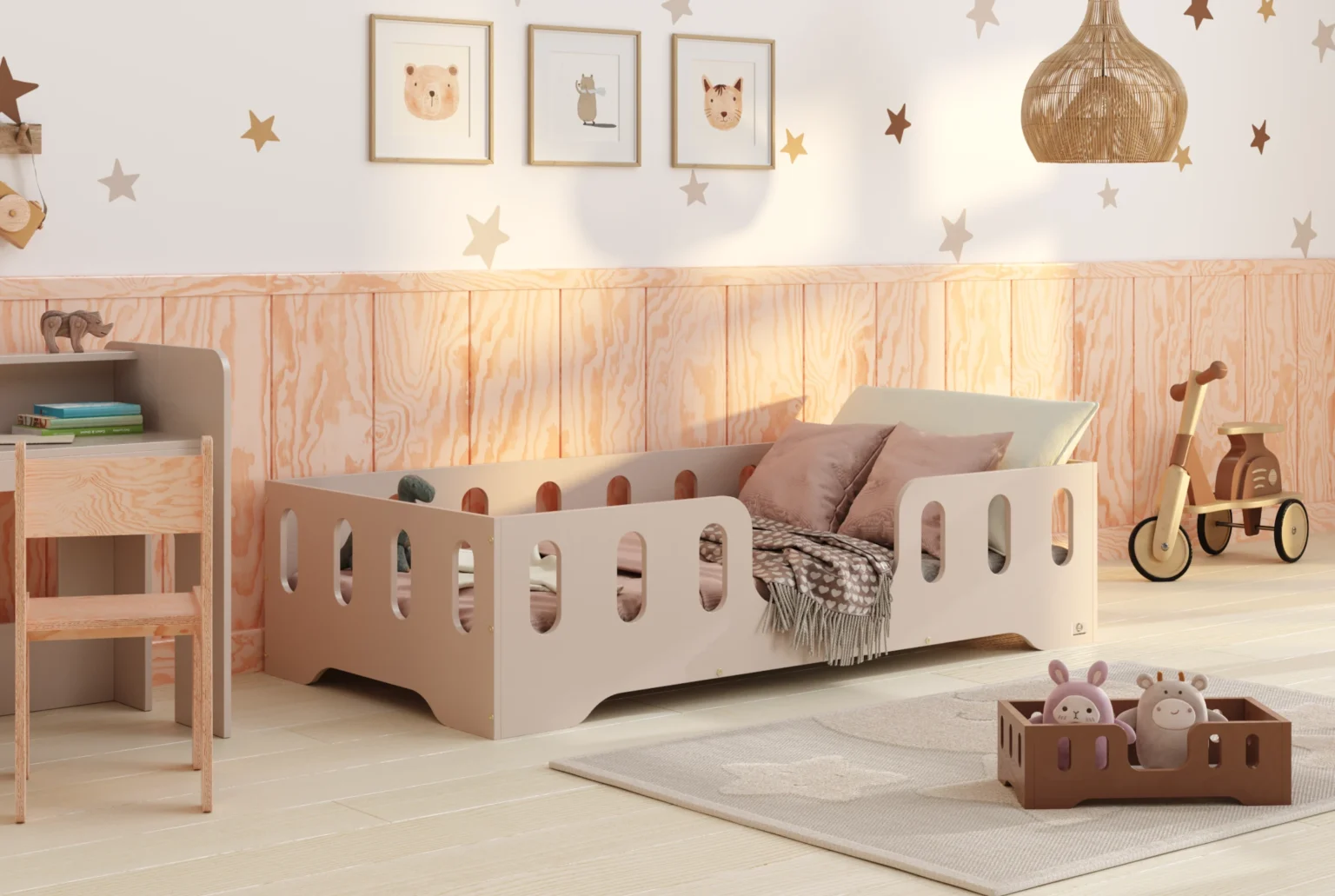 Letto singolo in legno per bambini con barriera di sicurezza e rete TILA 2 Montessori