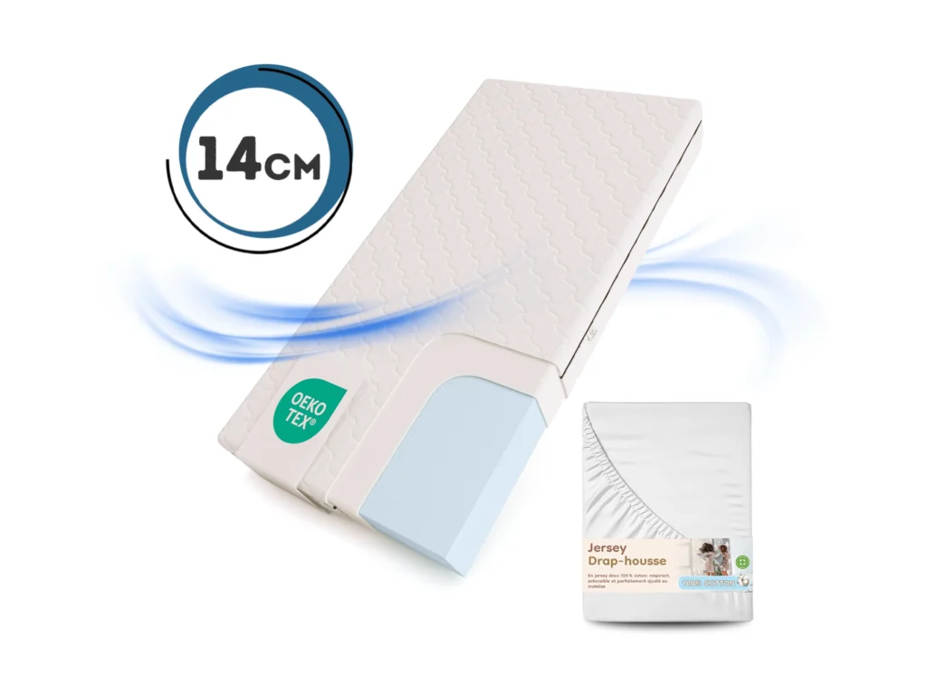 Matelas en mousse de 14 cm d’épaisseur certifié OEKO-TEX avec drap