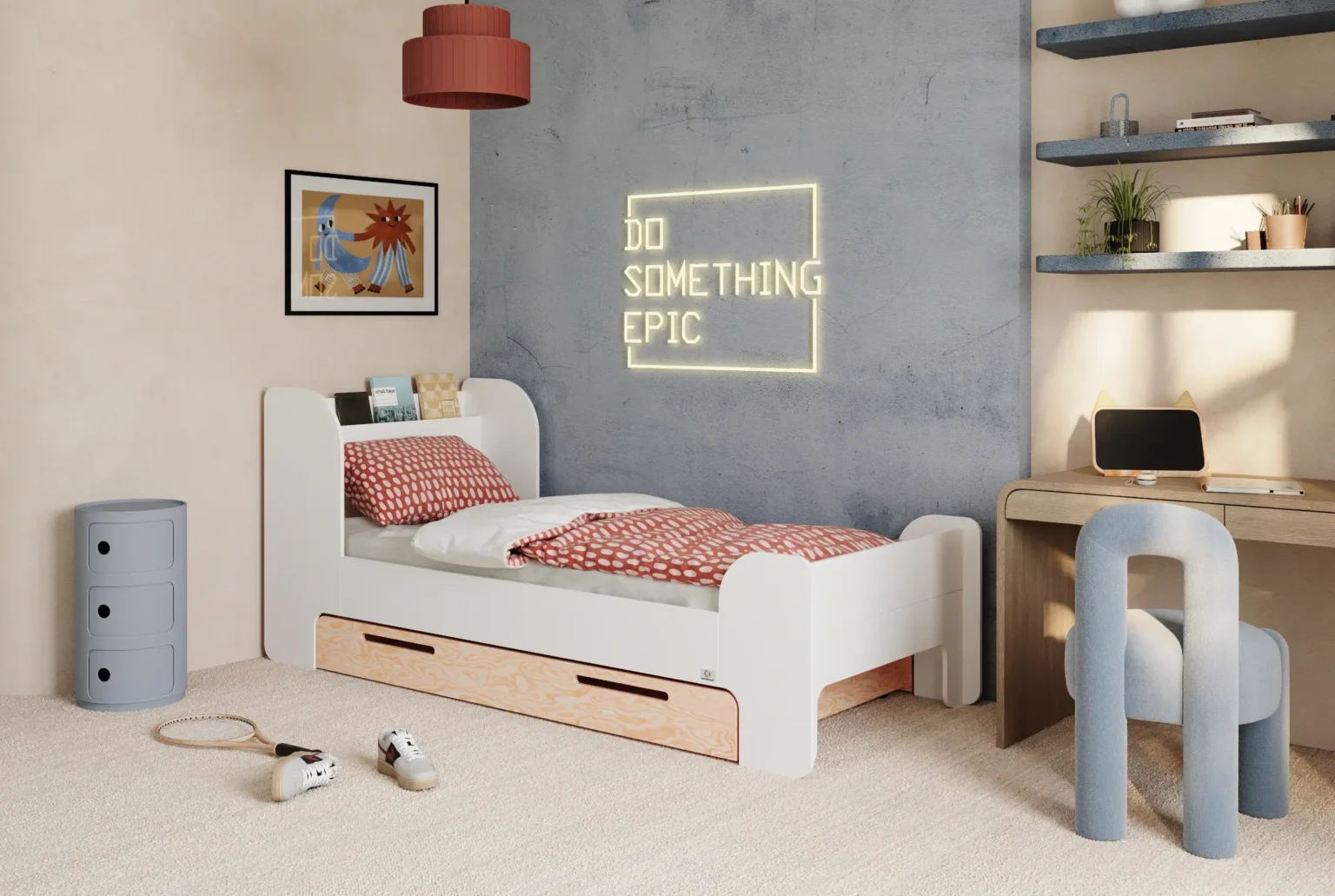 Letto per bambini in legno realizzato in compensato di pino di colore bianco con testiera alta e cassetto.