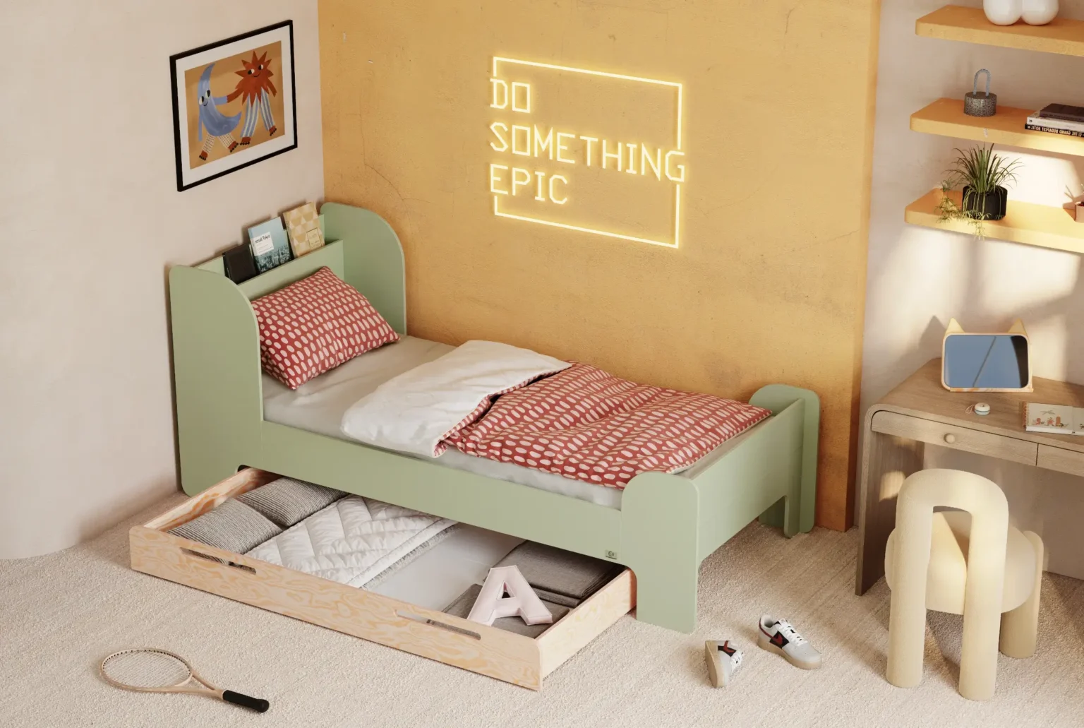 Letto per bambini e ragazzi con cassetto e rete FLOU D Classique in legno