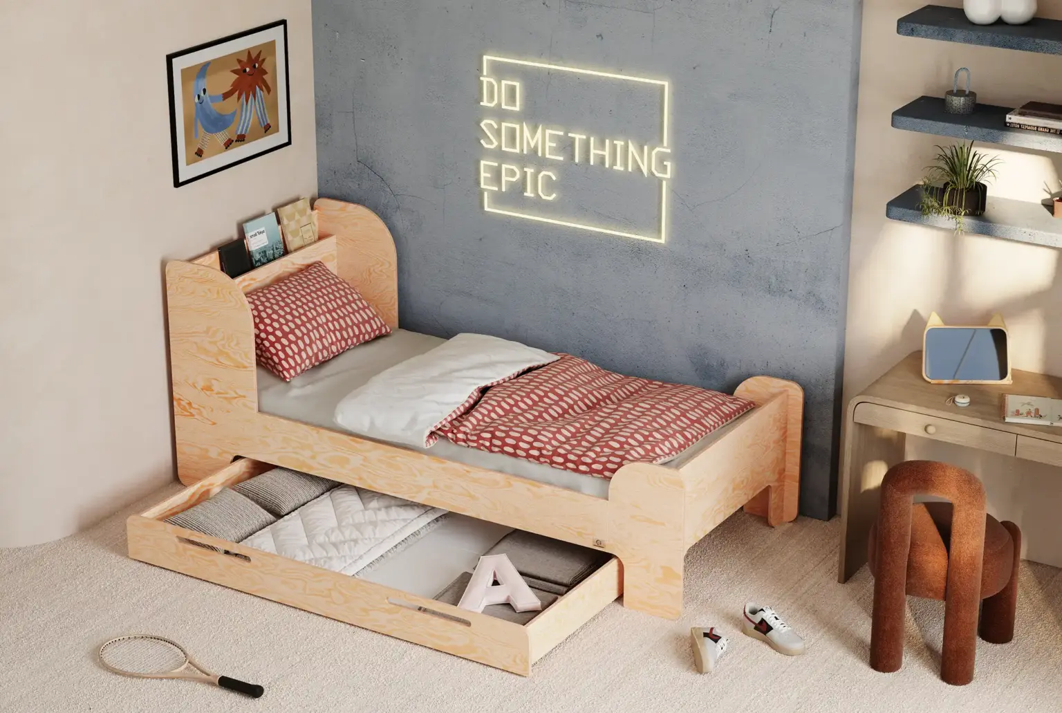 Letto per bambini Flou D in compensato di pino naturale con cassetto estraibile in cameretta