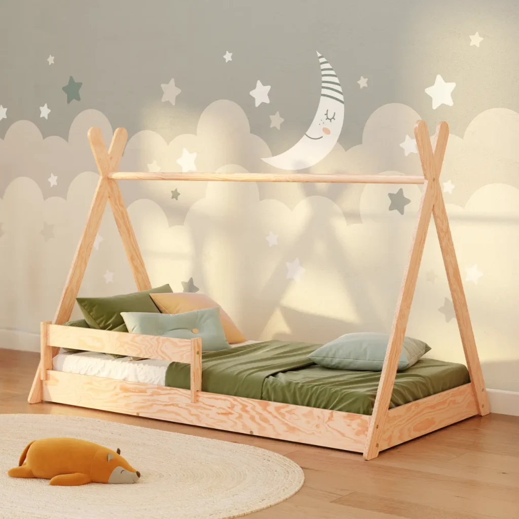 Lit cabane en bois avec barrière de sécurité et sommier TIPI FLOOR Montessori
