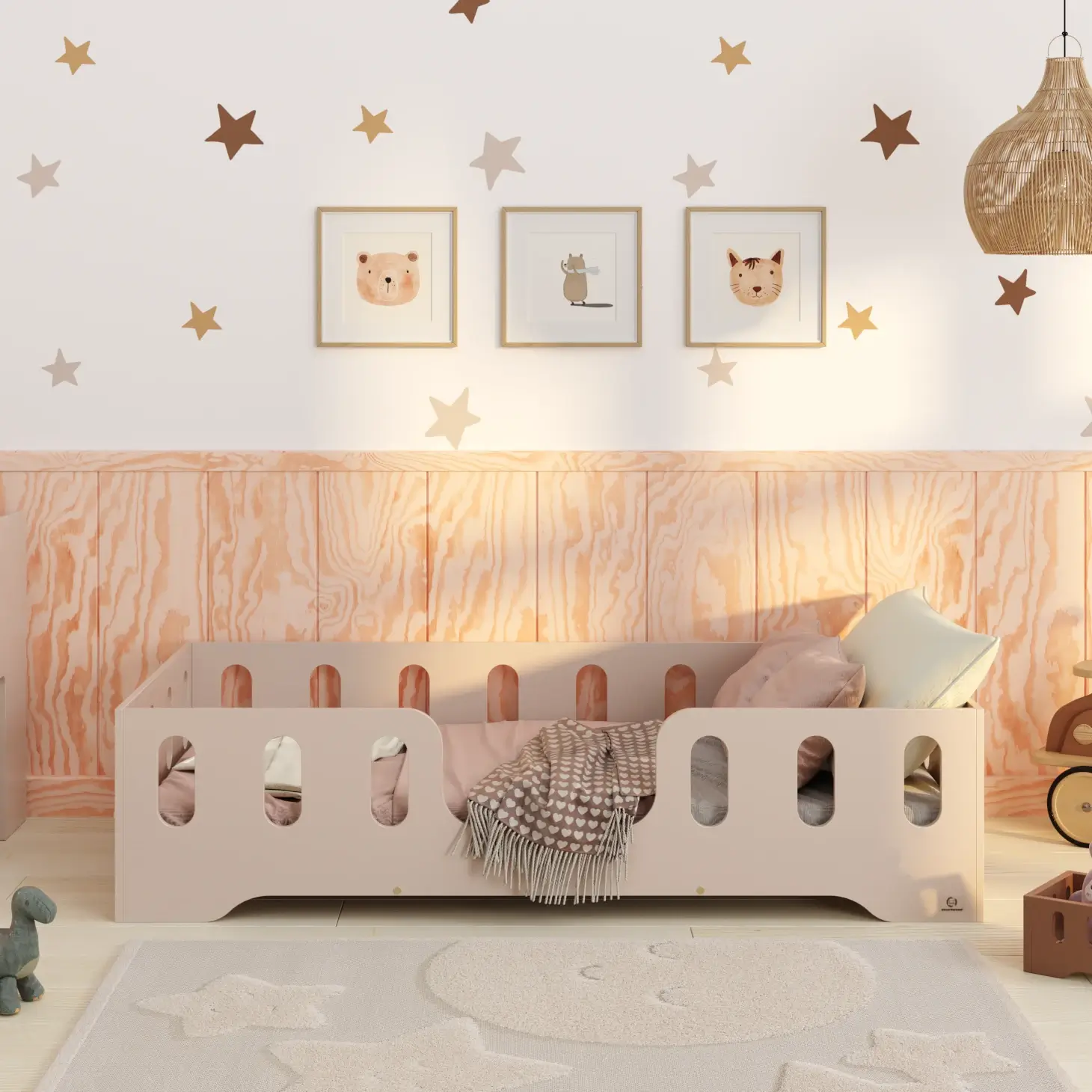 Lit simple en bois pour enfant avec barrière de sécurité et sommier TILA 2 Montessori Cashemire