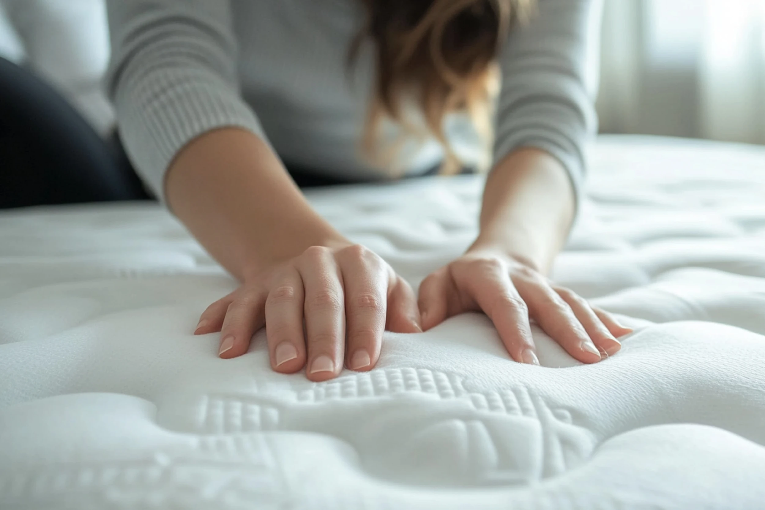 Évaluation du confort : mains appuyant sur la surface du matelas