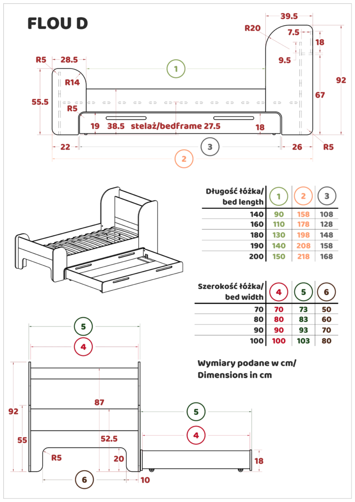 Dessin technique d'un lit avec une étagère et un tiroir FLOU D