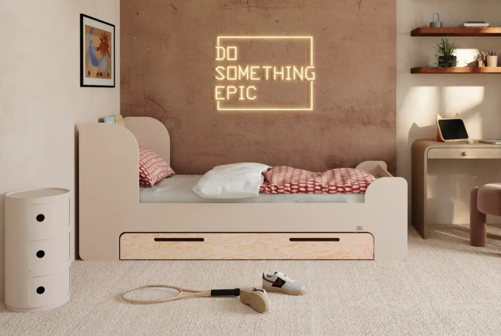 Lit pour enfant en bois fabriqué en contreplaqué de pin de couleur cachemire avec une tête de lit haute et un tiroir