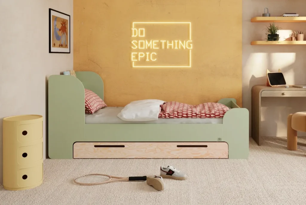 Lit pour enfant en bois fabriqué en contreplaqué de pin de couleur verte avec une tête de lit haute et un tiroir