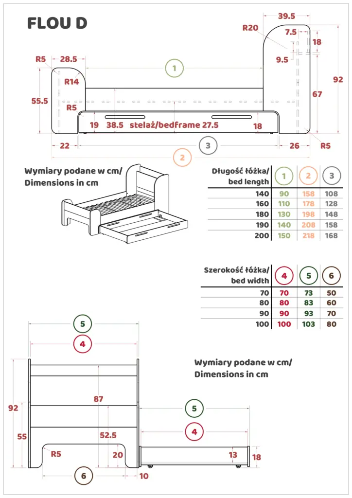 Disegno tecnico del letto FLOU D con mensola