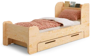 Letto per bambini in legno realizzato in compensato di pino di colore legno naturale con testiera alta e cassetto.