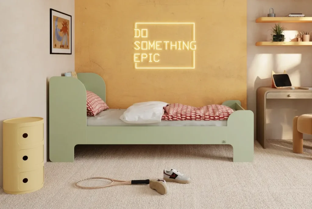 Lit en bois fabriqué en contreplaqué de pin couleur vert avec une tête de lit haute