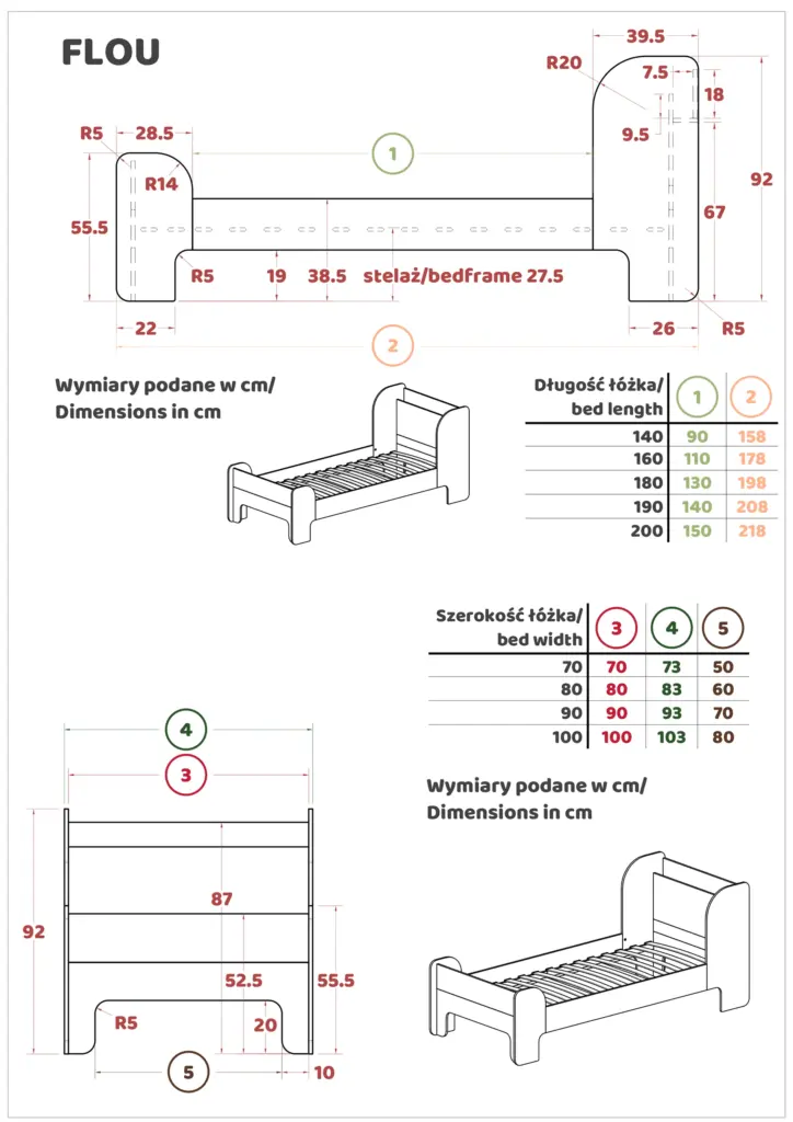 Disegno tecnico del letto FLOU con mensola