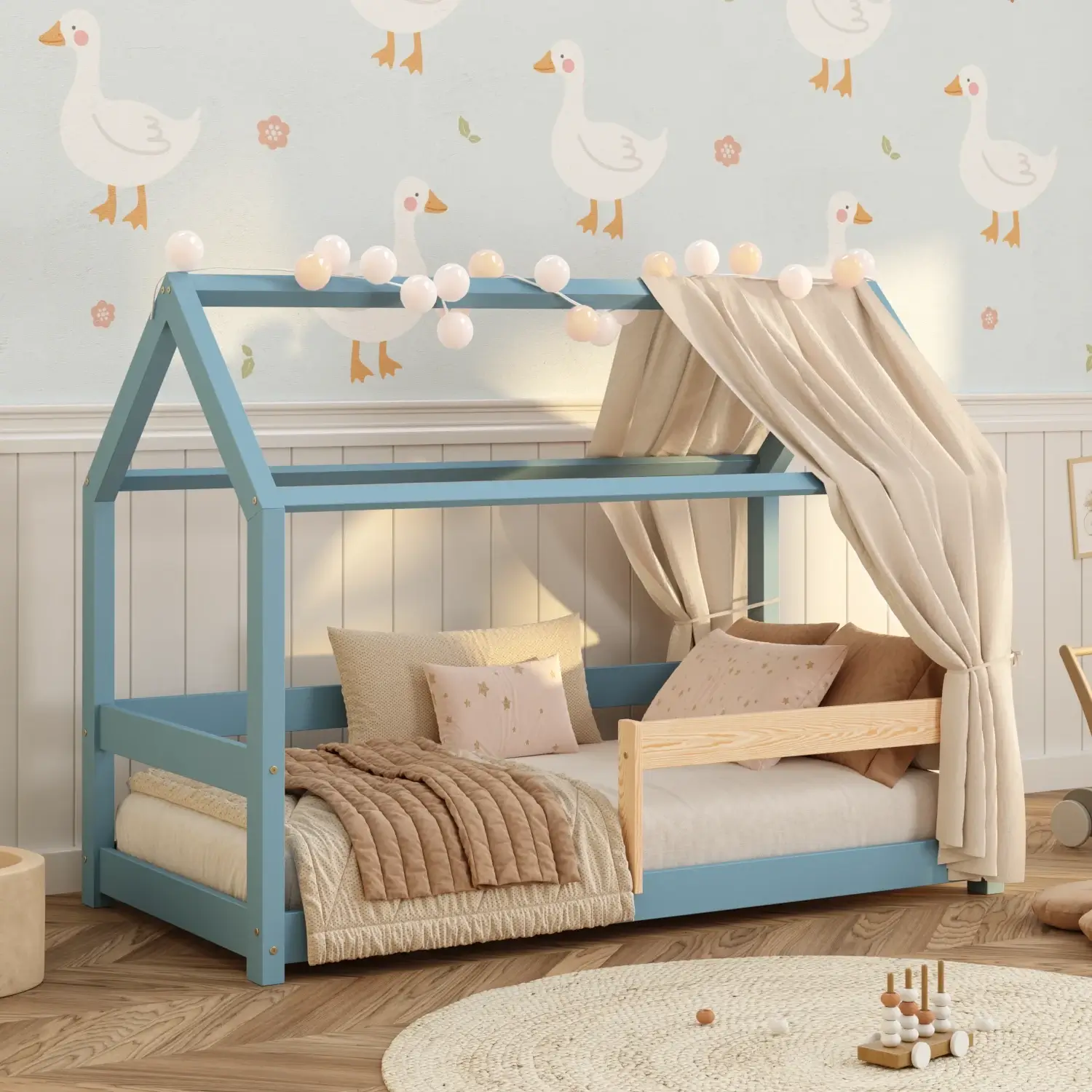 Lit cabane en bois pour enfant avec barrière de sécurité et sommier MILO Montessori