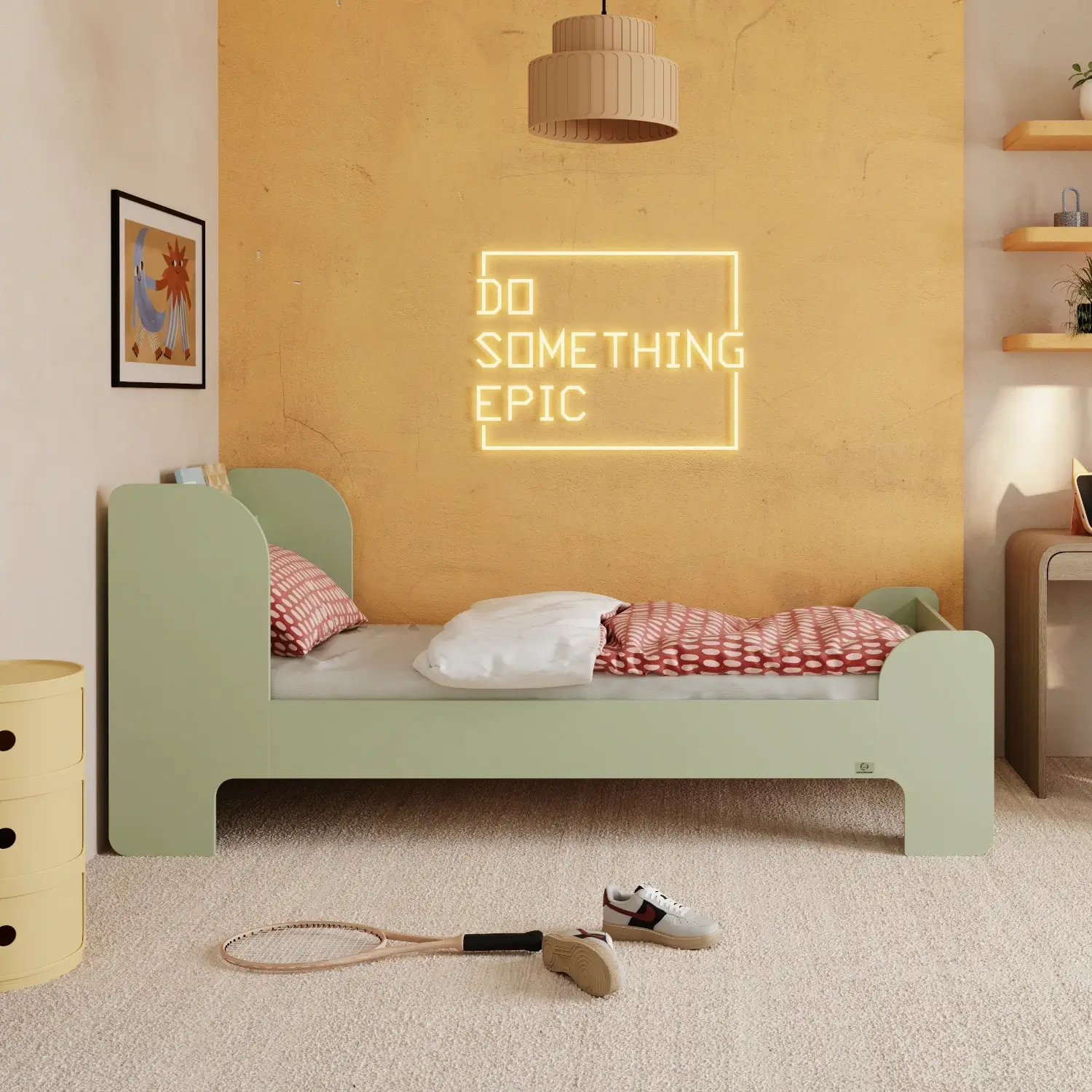 Lit pour enfants et adolescents avec étagère et sommier FLOU Classique en bois