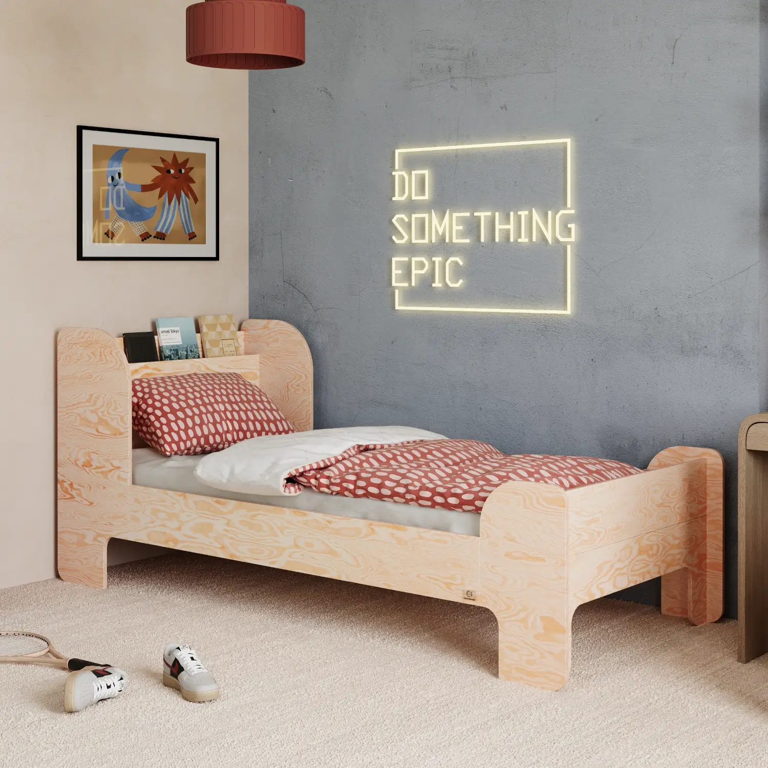 Lit pour enfants et adolescents avec étagère et sommier FLOU Classique en bois