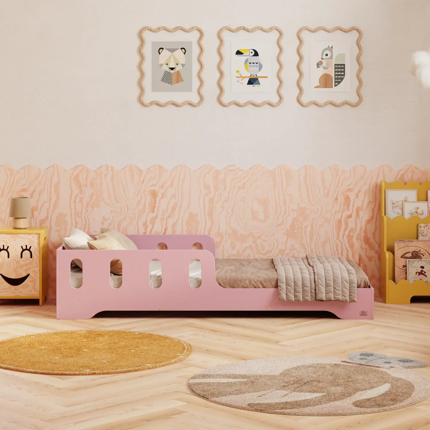 Lit simple enfant en bois avec barrière de sécurité et sommier TILA 6 Montessori