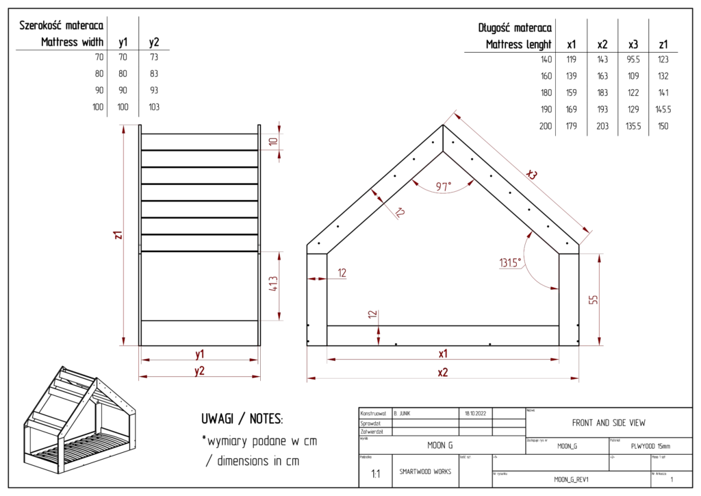 Dessin technique d'un lit cabane MOON G