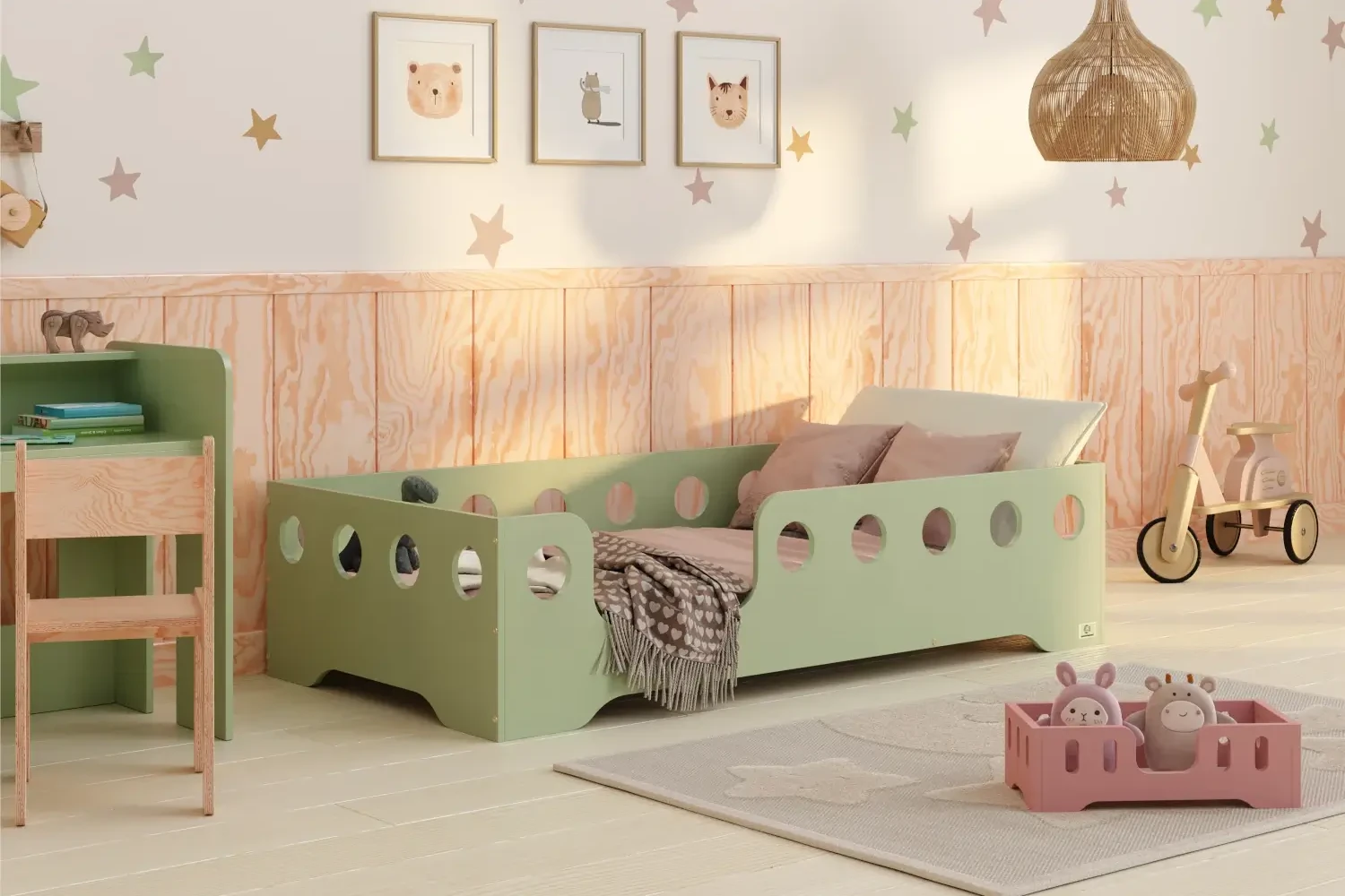 Lit simple en bois pour enfant avec barrière de sécurité et sommier TILA 2 Montessori