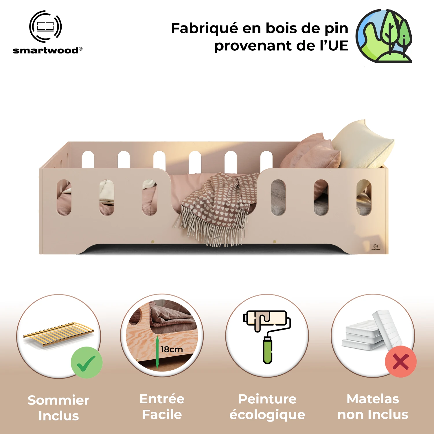 Lit simple en bois pour enfant avec barrière de sécurité et sommier TILA 2 Montessori
