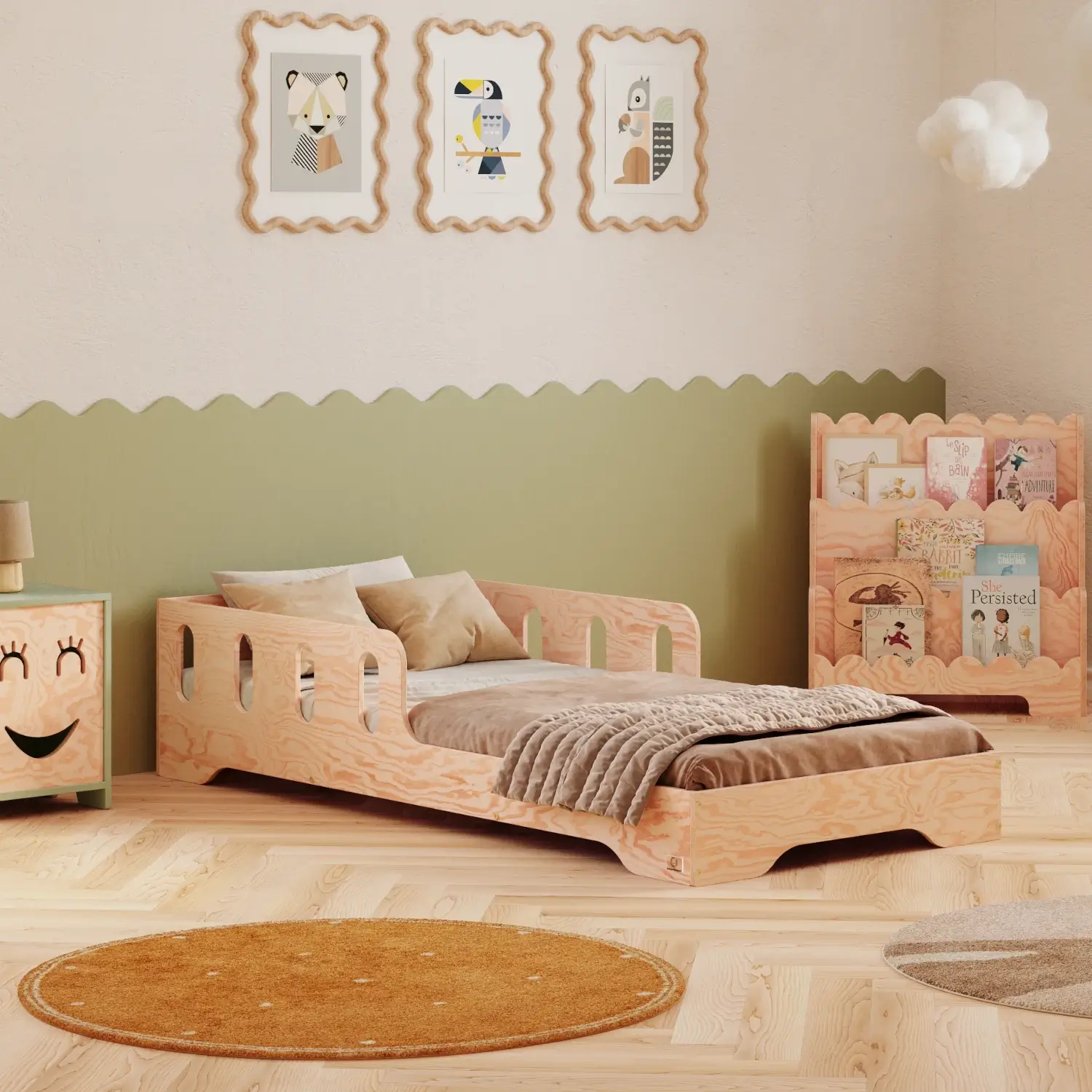 Lit simple enfant en bois avec barrière de sécurité et sommier TILA 6 Montessori