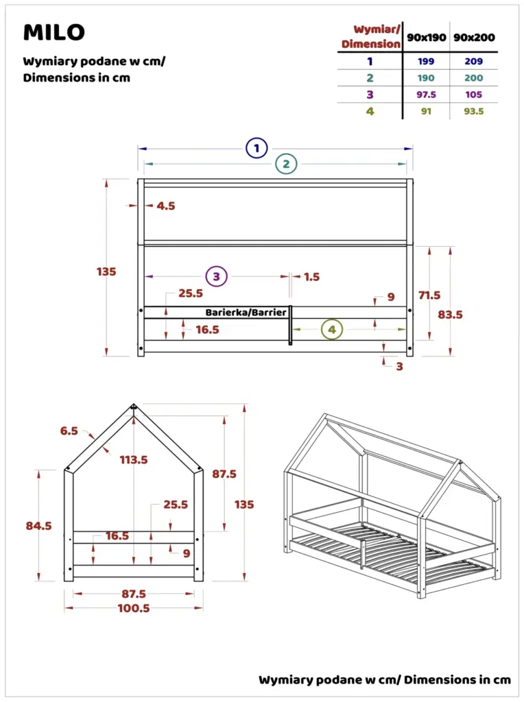 Disegno tecnico di un letto a capanna MILO